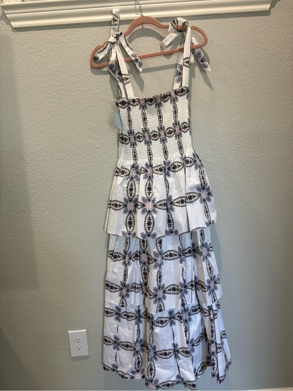Hill House White Tiered Midi Dress with Navy and Pink Floral Motif Size L